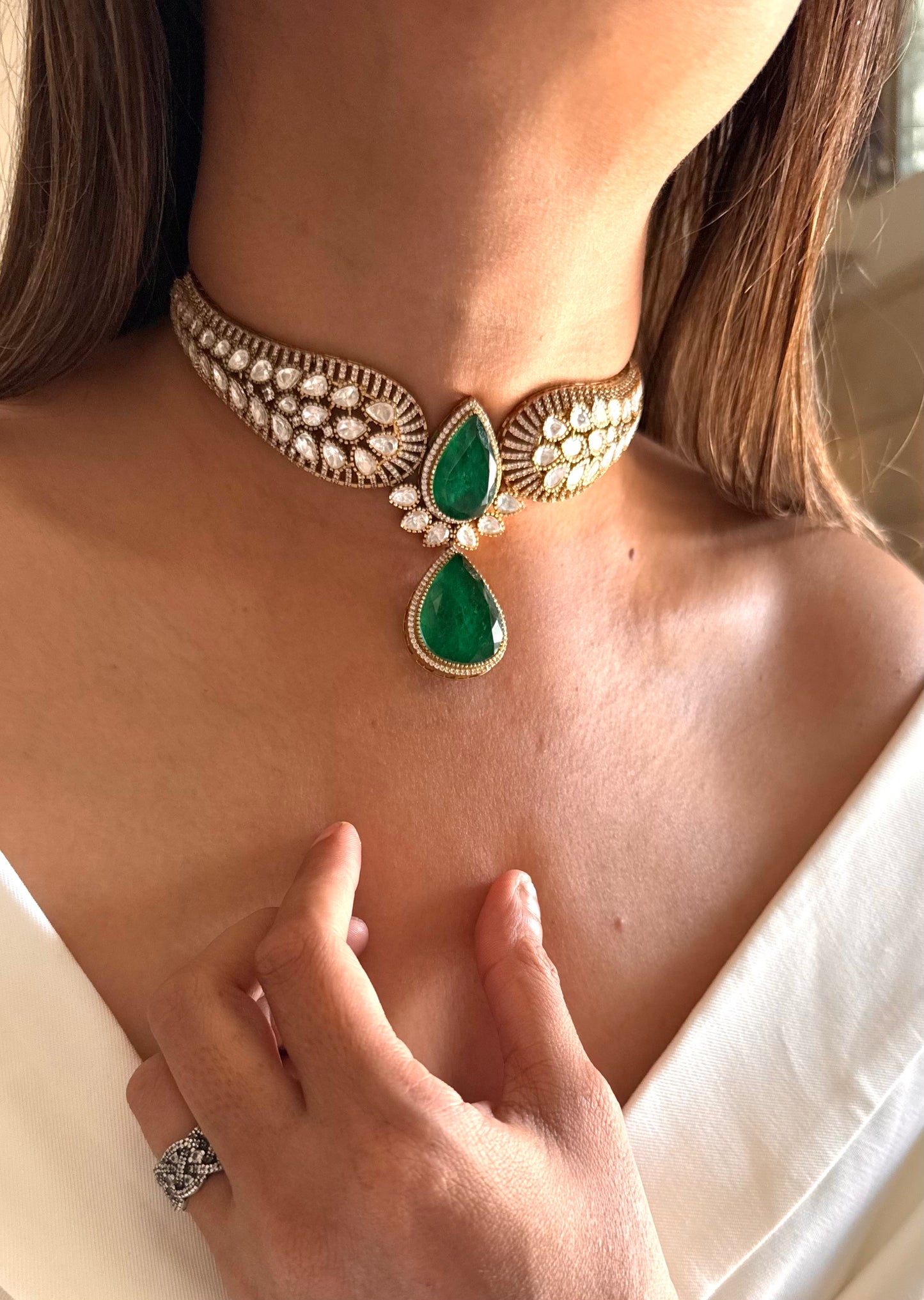 Pranika Emerald doublet Moissanite polki designer choker