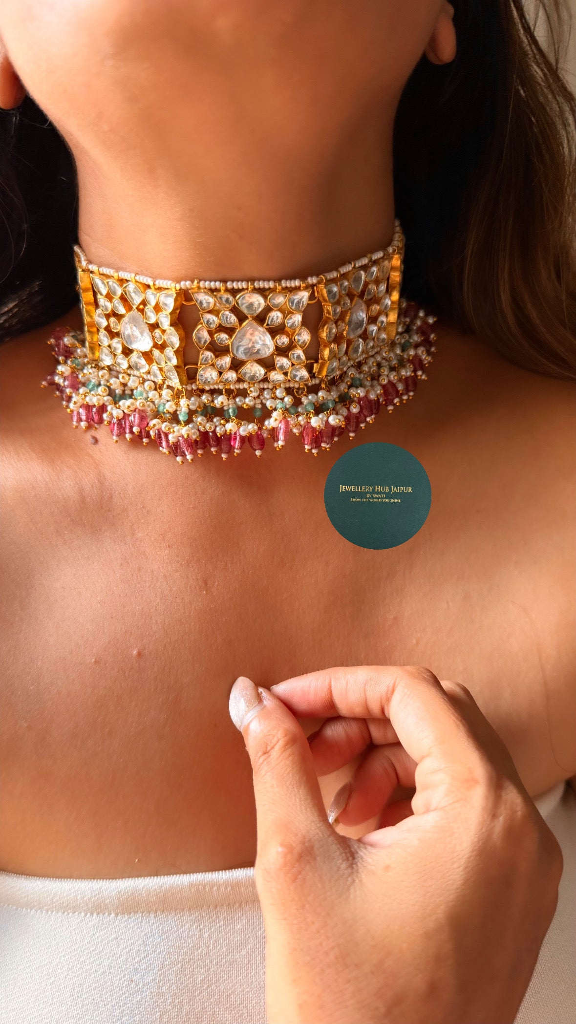 Paachi polki rajwada choker with rani pink strawberry beads