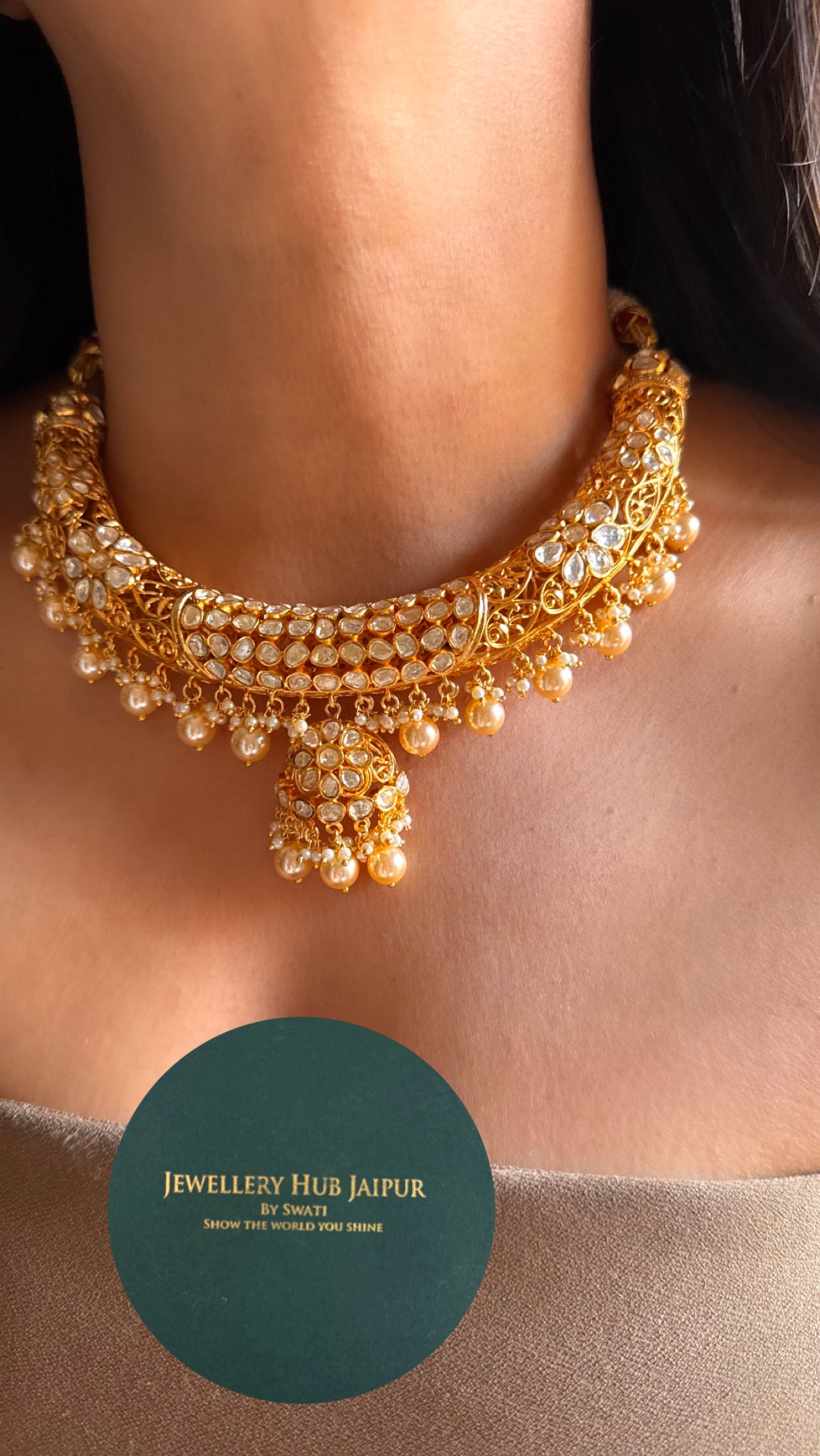 Peeli polki moissanite gold Hasli with pearl detailing