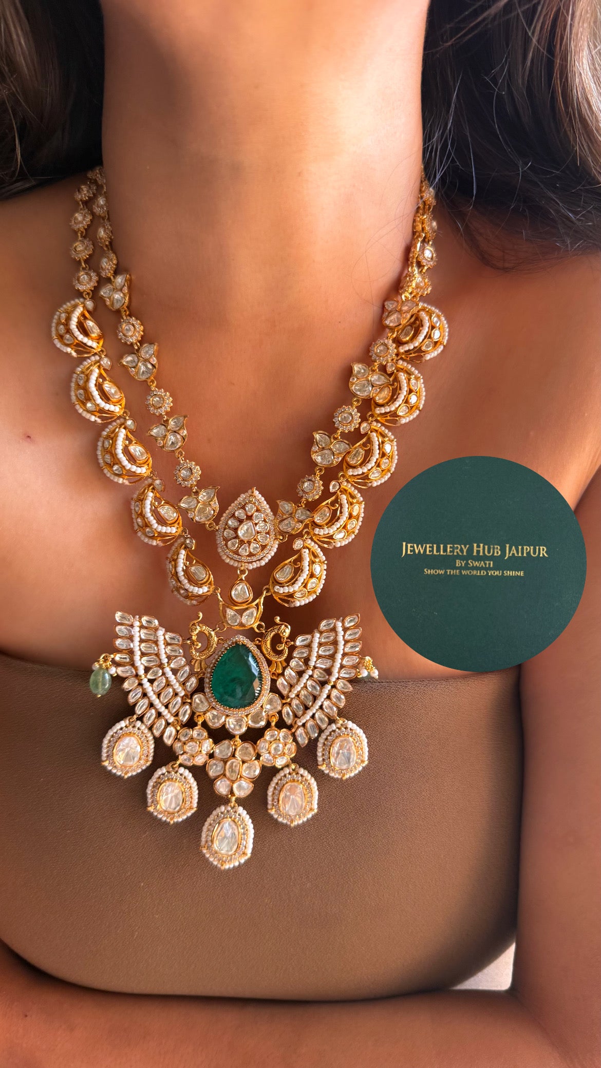 Real moissanite & emerald doublet with mint strawberry designer mid length set