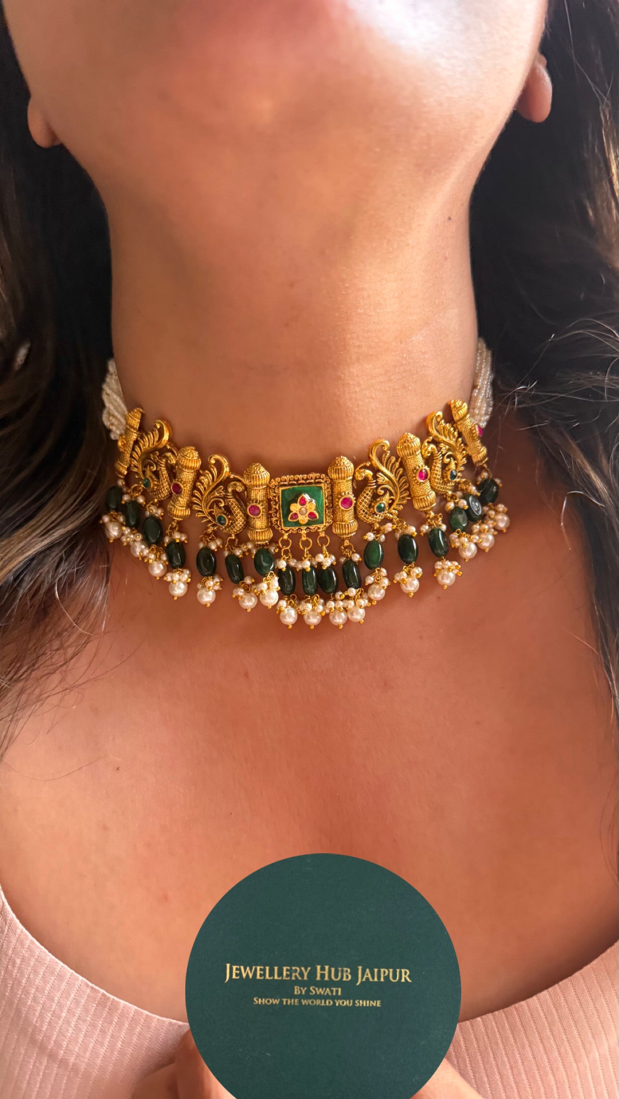 Emerald with peacock inspired antique gold Coker necklace