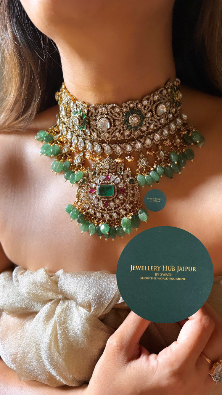 Emerald doublet & Rani pink with mint drops choker set