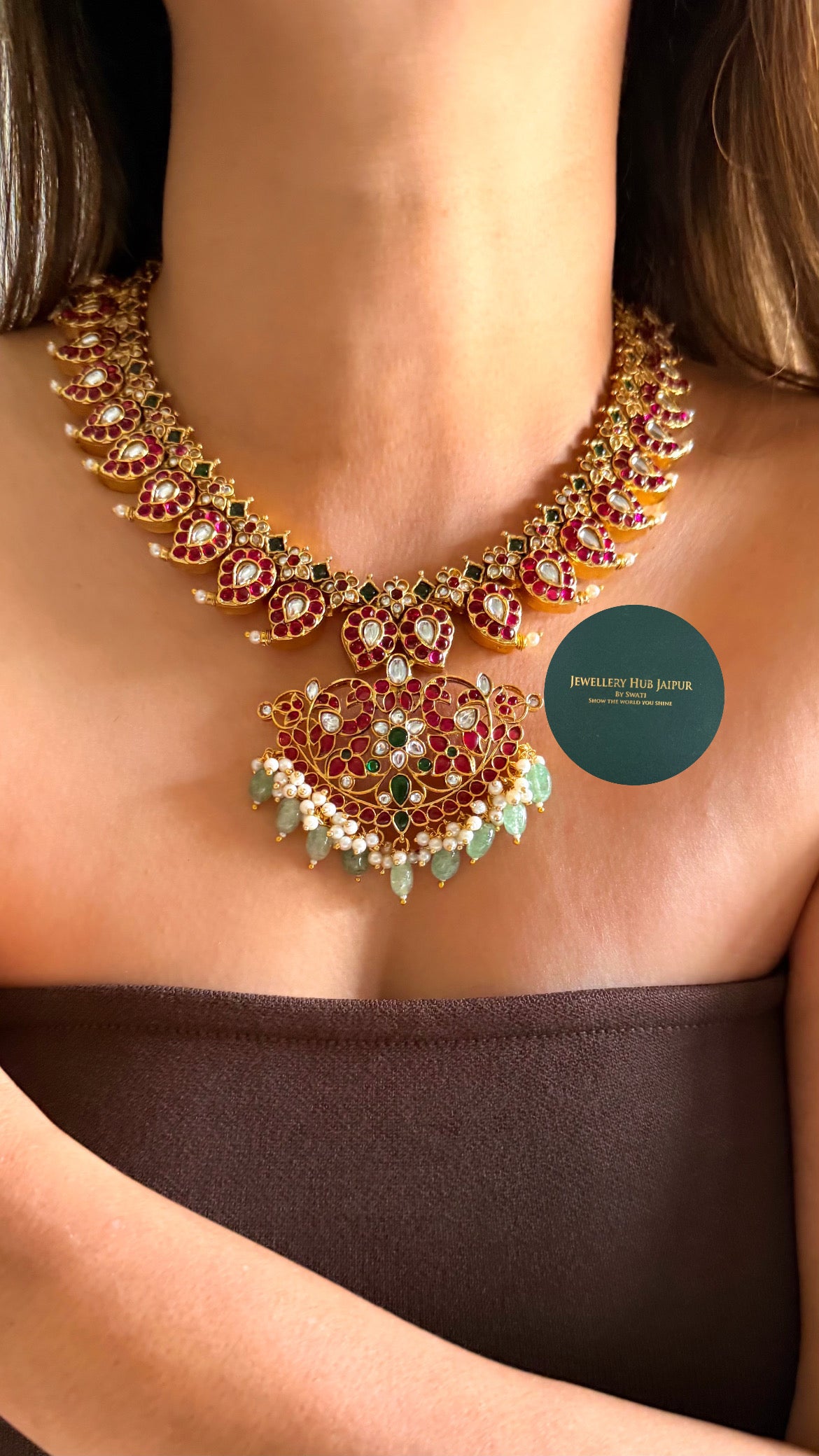 Jahanvi Rani pink & mint keri design temple jewellery set