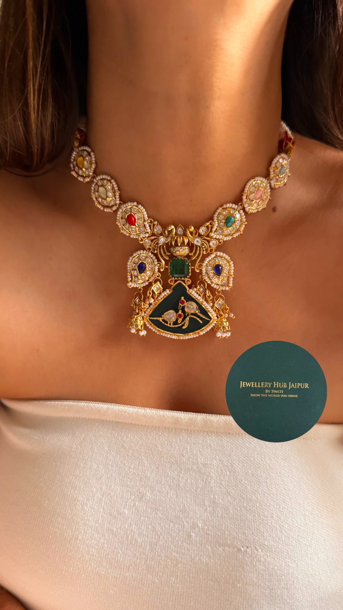 Real moissanite navratna designer inlay collar necklace