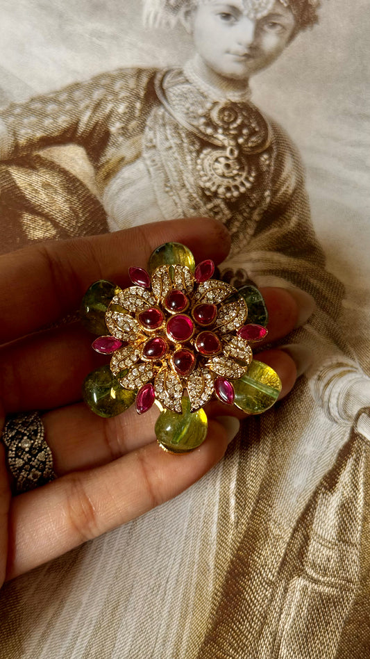 Emerald & rani pink Moissanite floral adjustable ring
