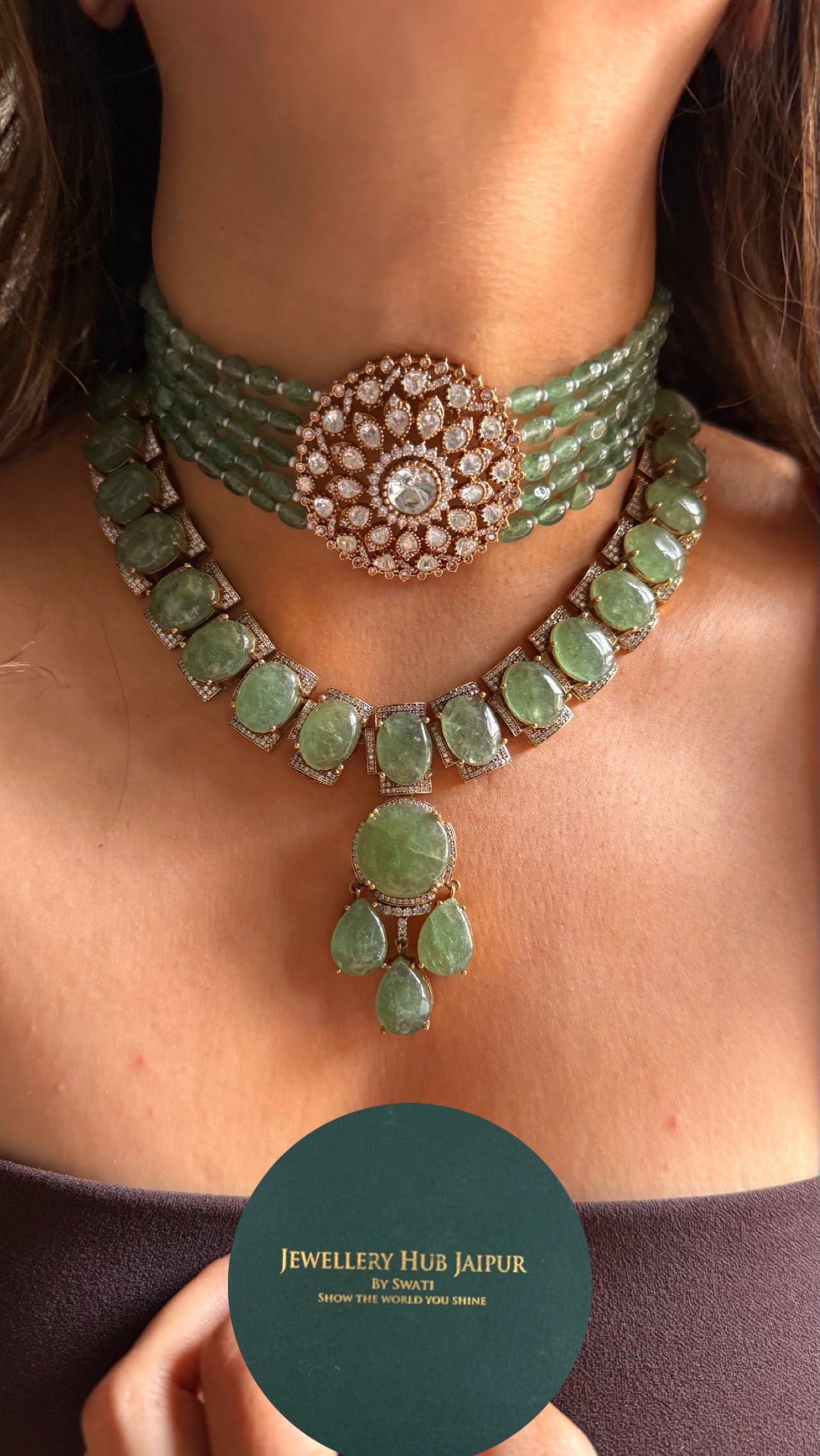 Mint doublet stone with pearl detailing combo Necklace