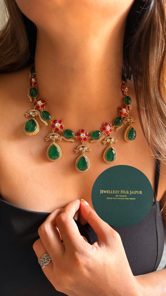 Amrapali inspired Natural stone Emerald doublet & rani pink floral moissanite collar set