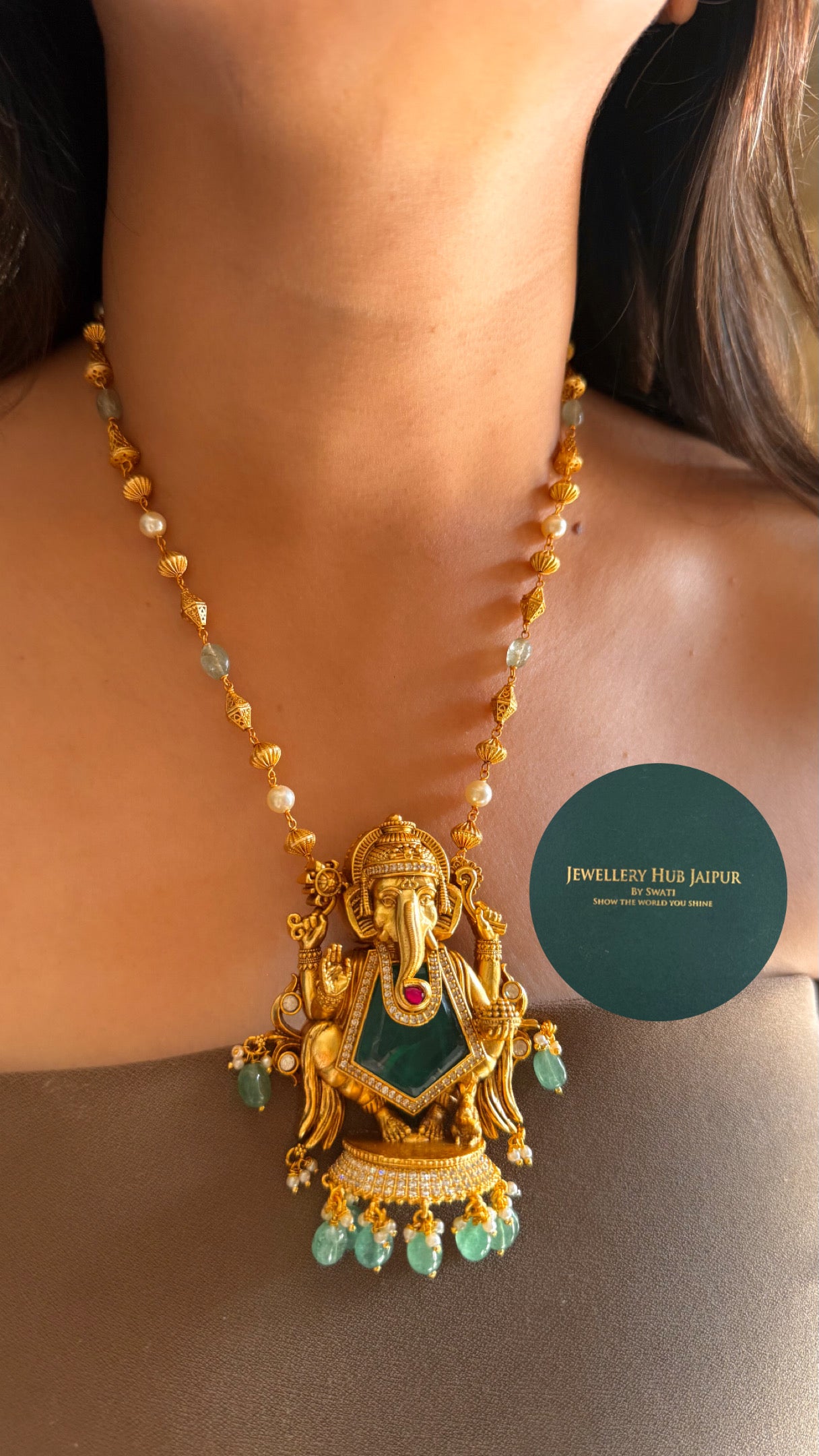 Ganeshji inspired emerald with mint drop Pendant set
