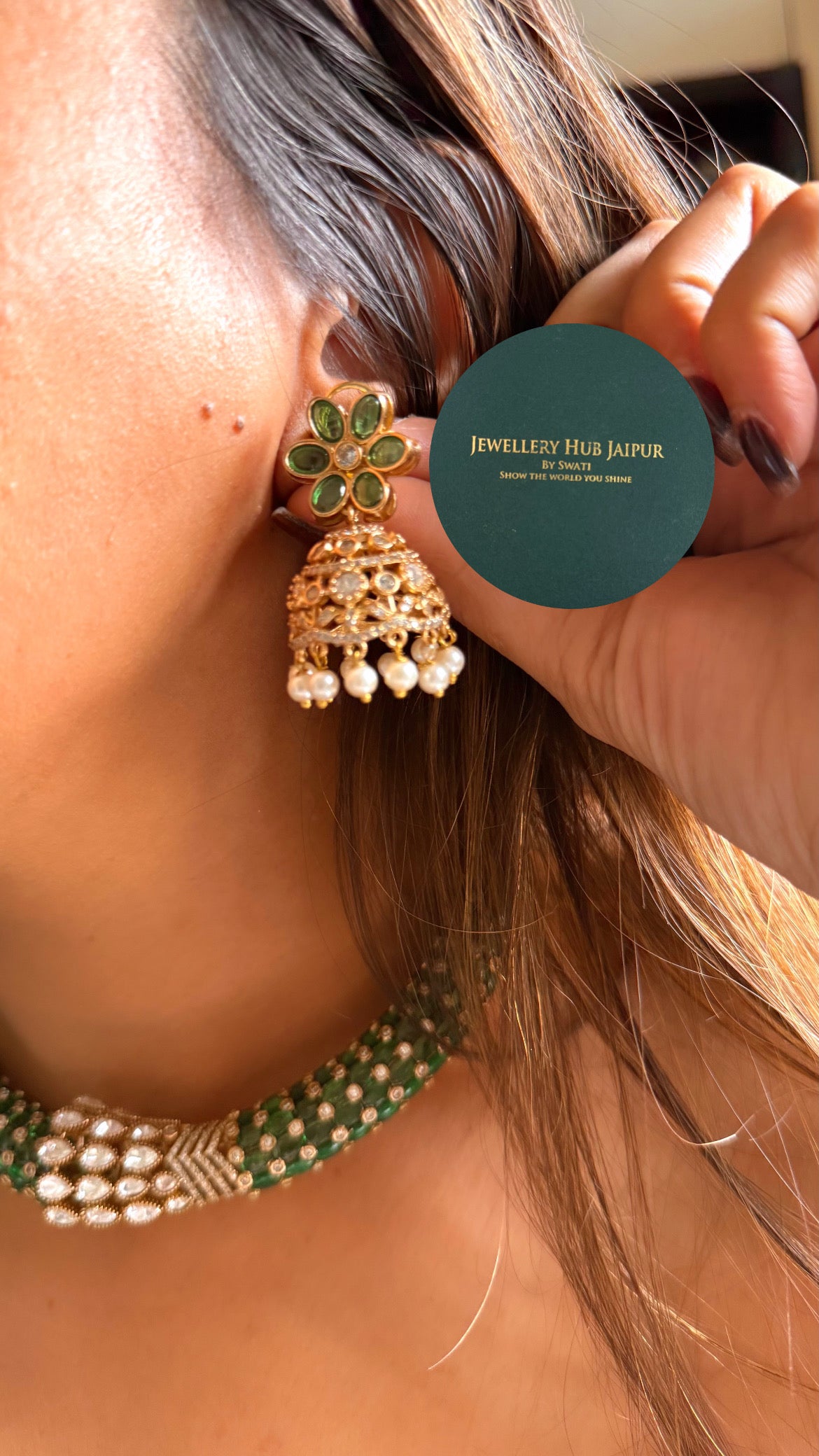 Moissanite uncut polki & emerald designer hasli