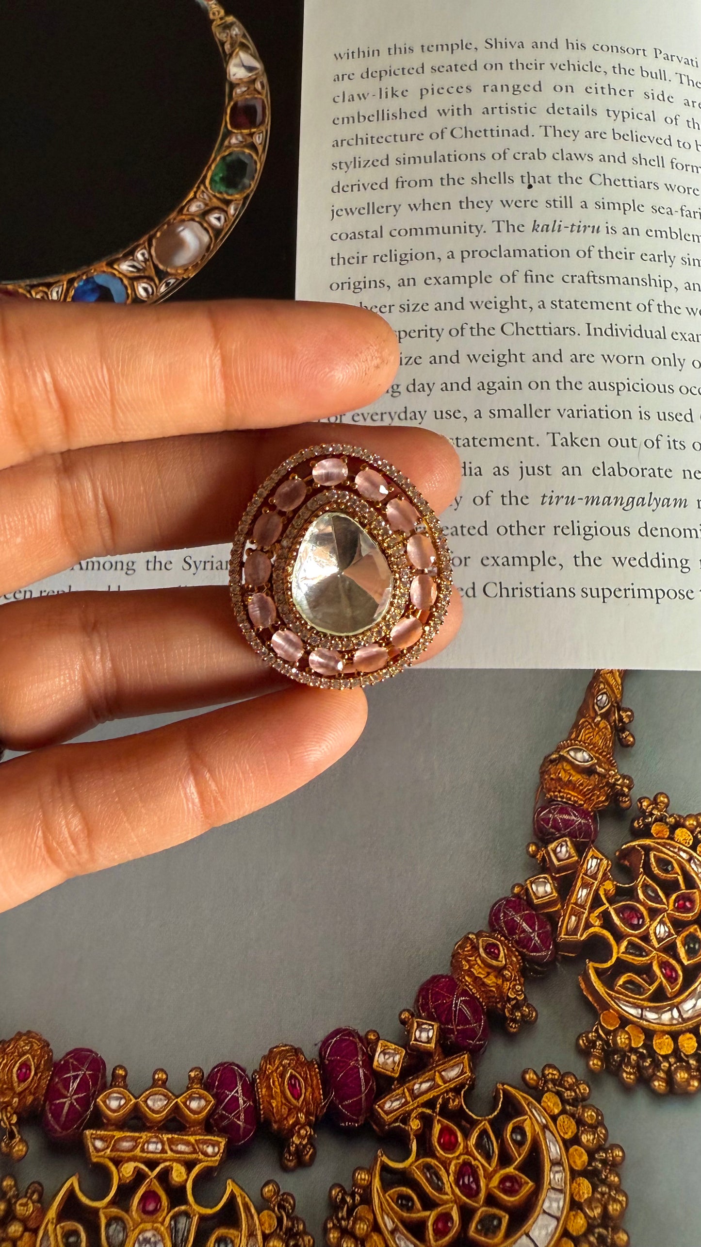 Rose quartz moissanite polki adjustable ring