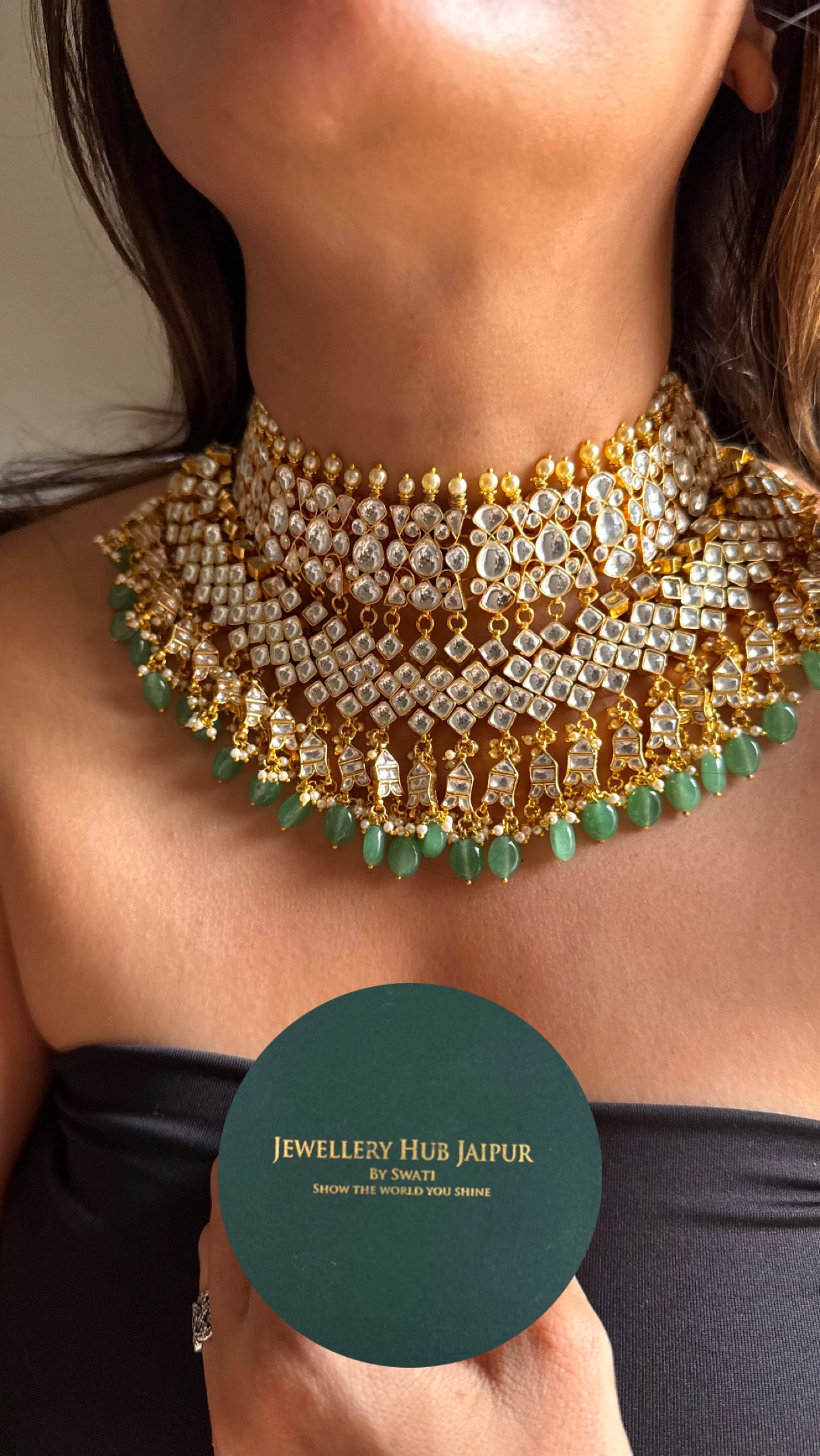 Handmade Paachi Kundan jadau bridal mint drops necklace