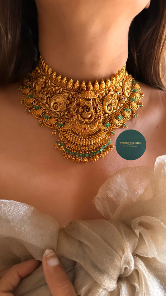 Lord ganesh and rani pink with mint drop choker set