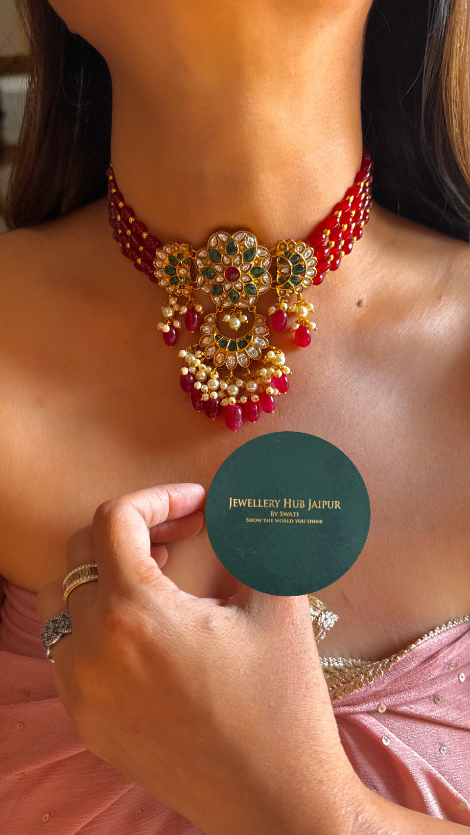 Ruby & emerald mix polki choker