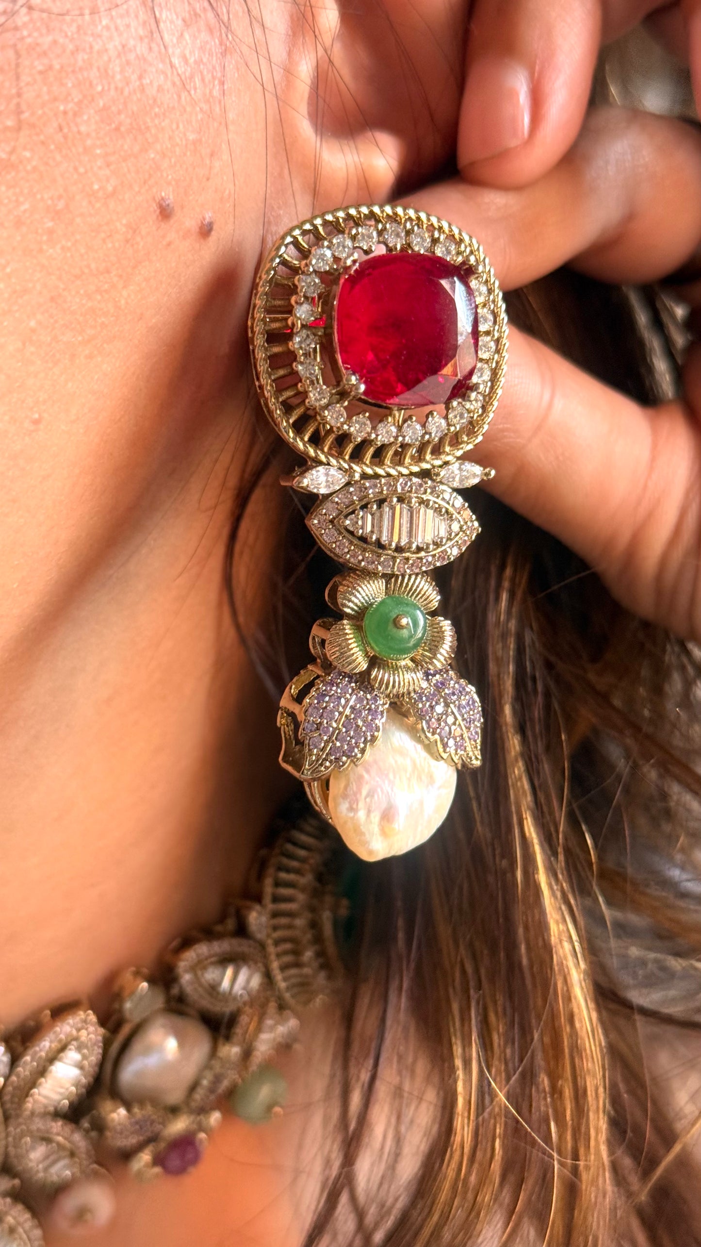 Ruby & Emerald Sabya inspired necklace with Mother of pearl detailing