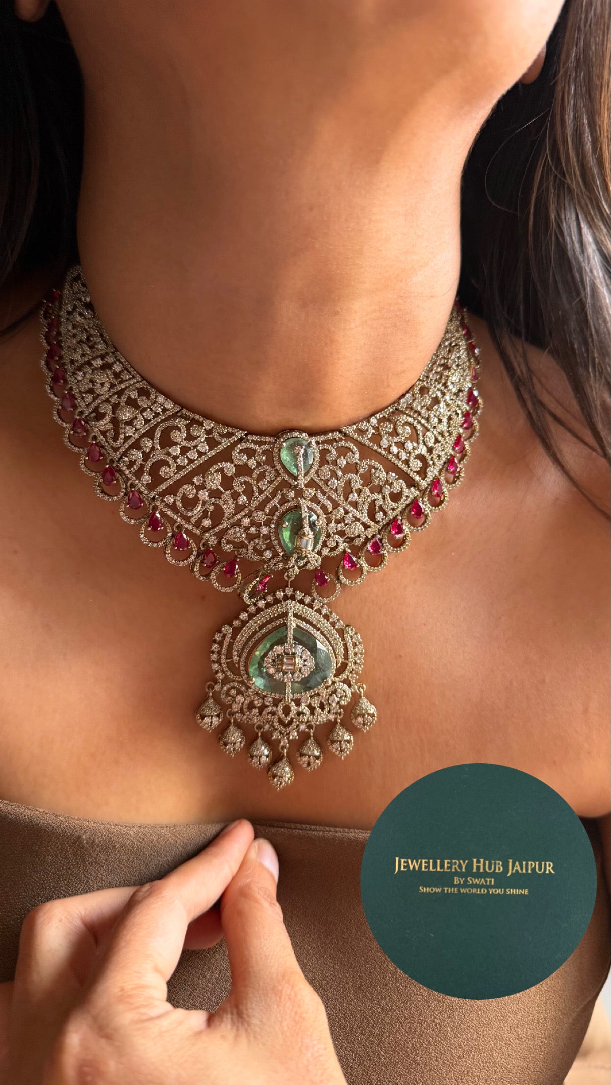 Cz ad work ruby Victorian collar necklace