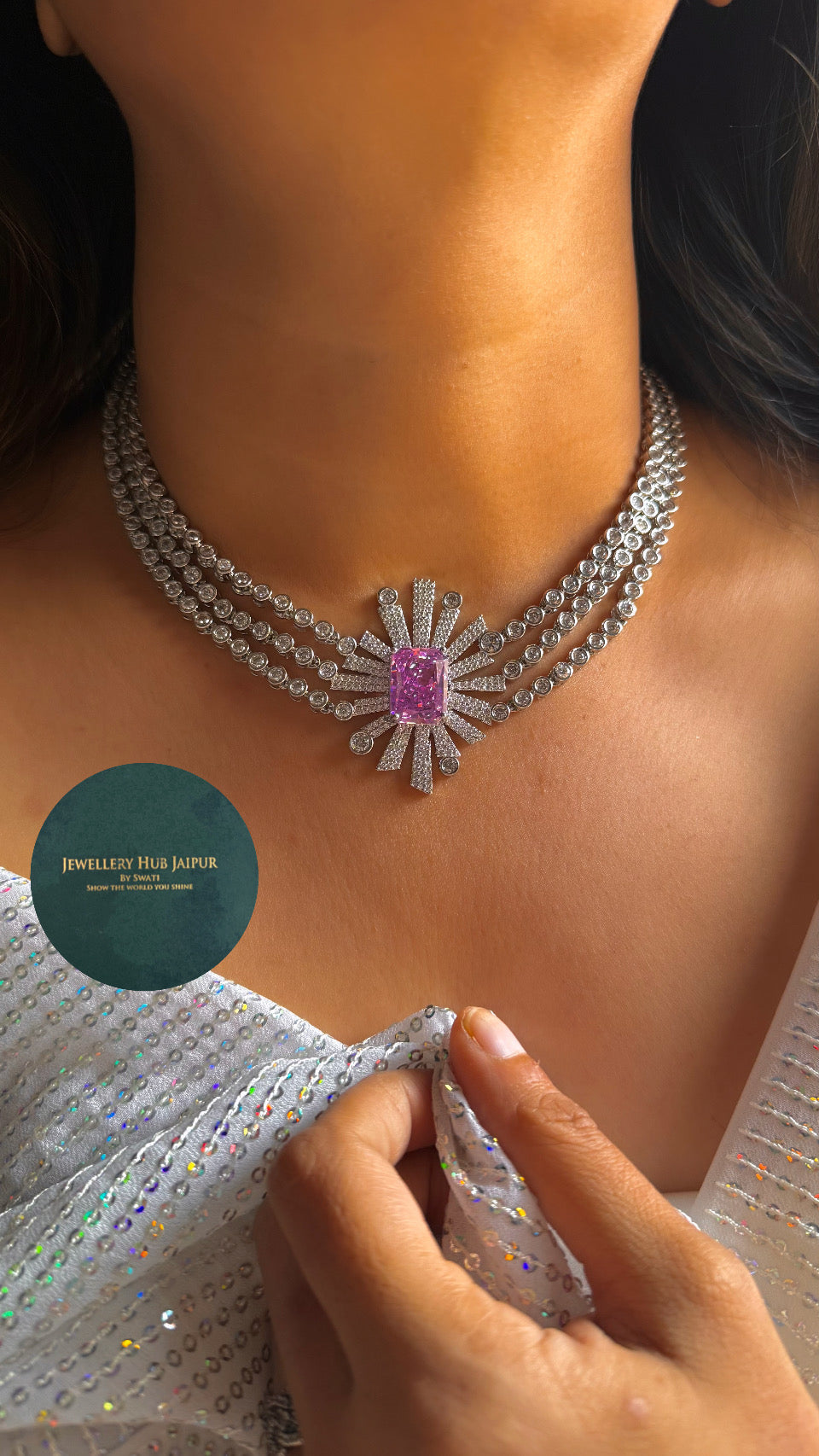 Rose Quarts diamond triple layer cocktail necklace