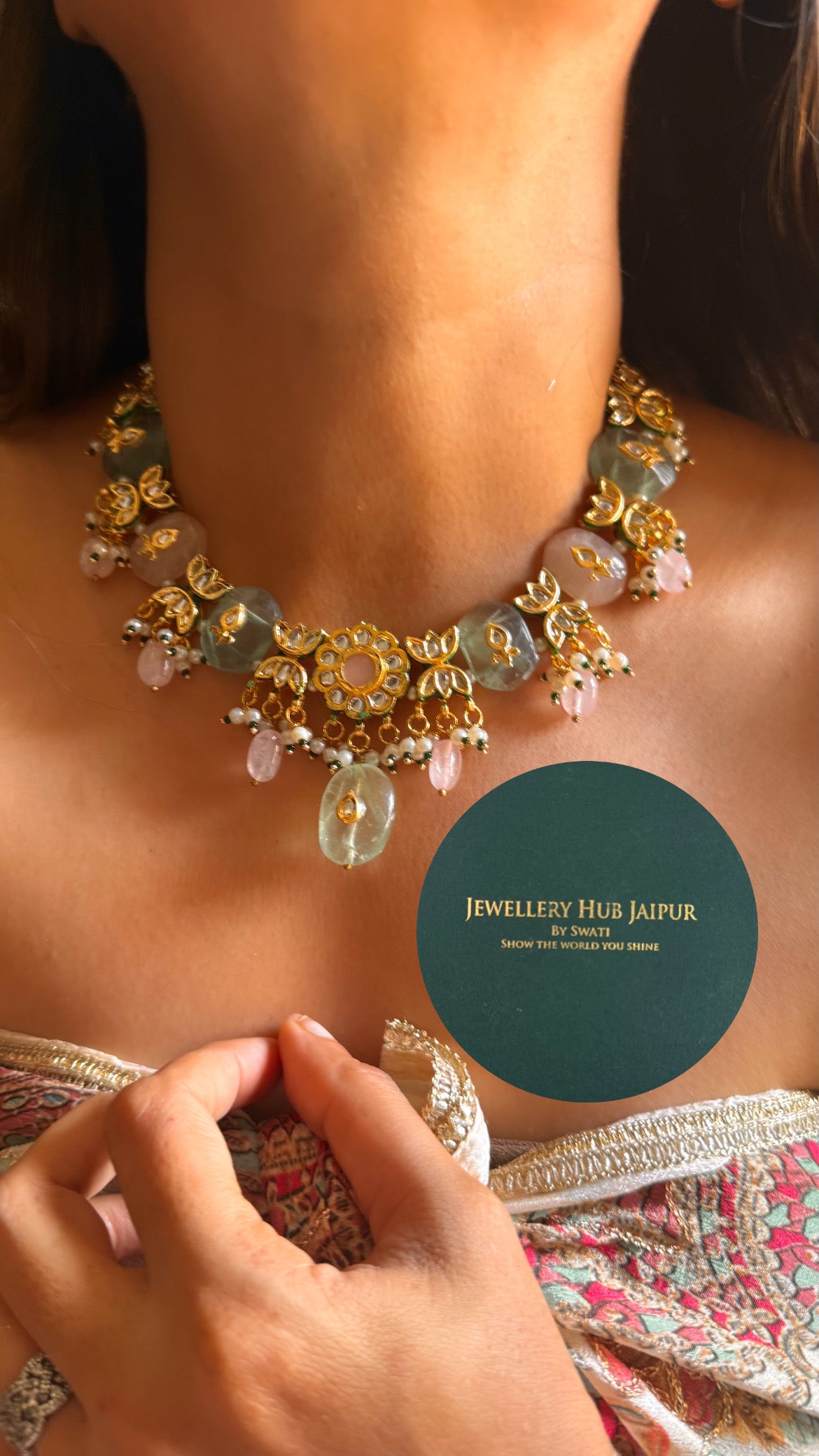 Mint & rose quartz inlay work with emerald meenakari paachi collar set
