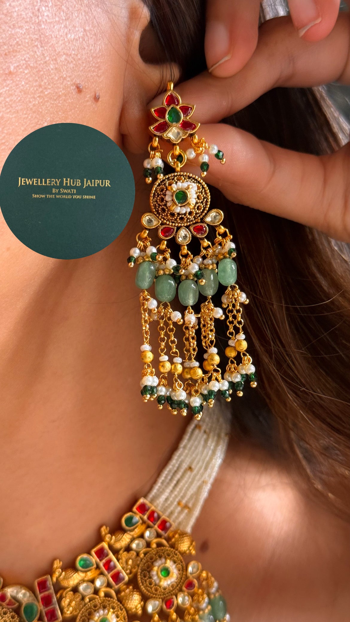 Handmade Heritage Polki Rani pink & emerald heritage rajwada with mint drop choker set