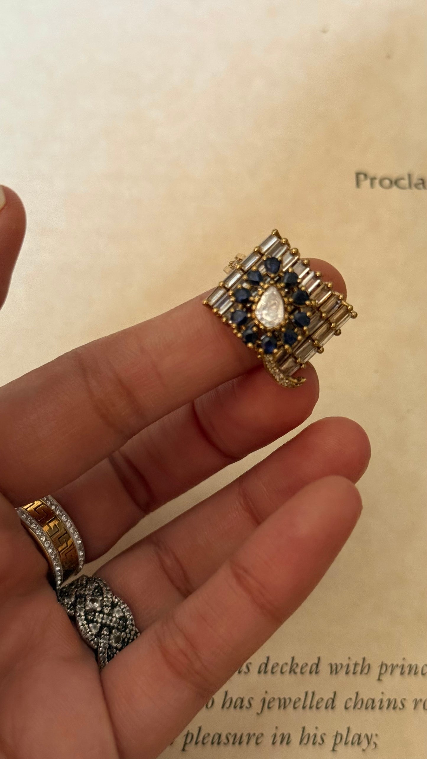 Sapphire moissanite uncut polki designer cocktail adjustable ring