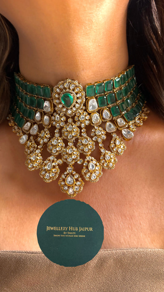 Emerald doublet desingner polki necklace with floral pattern
