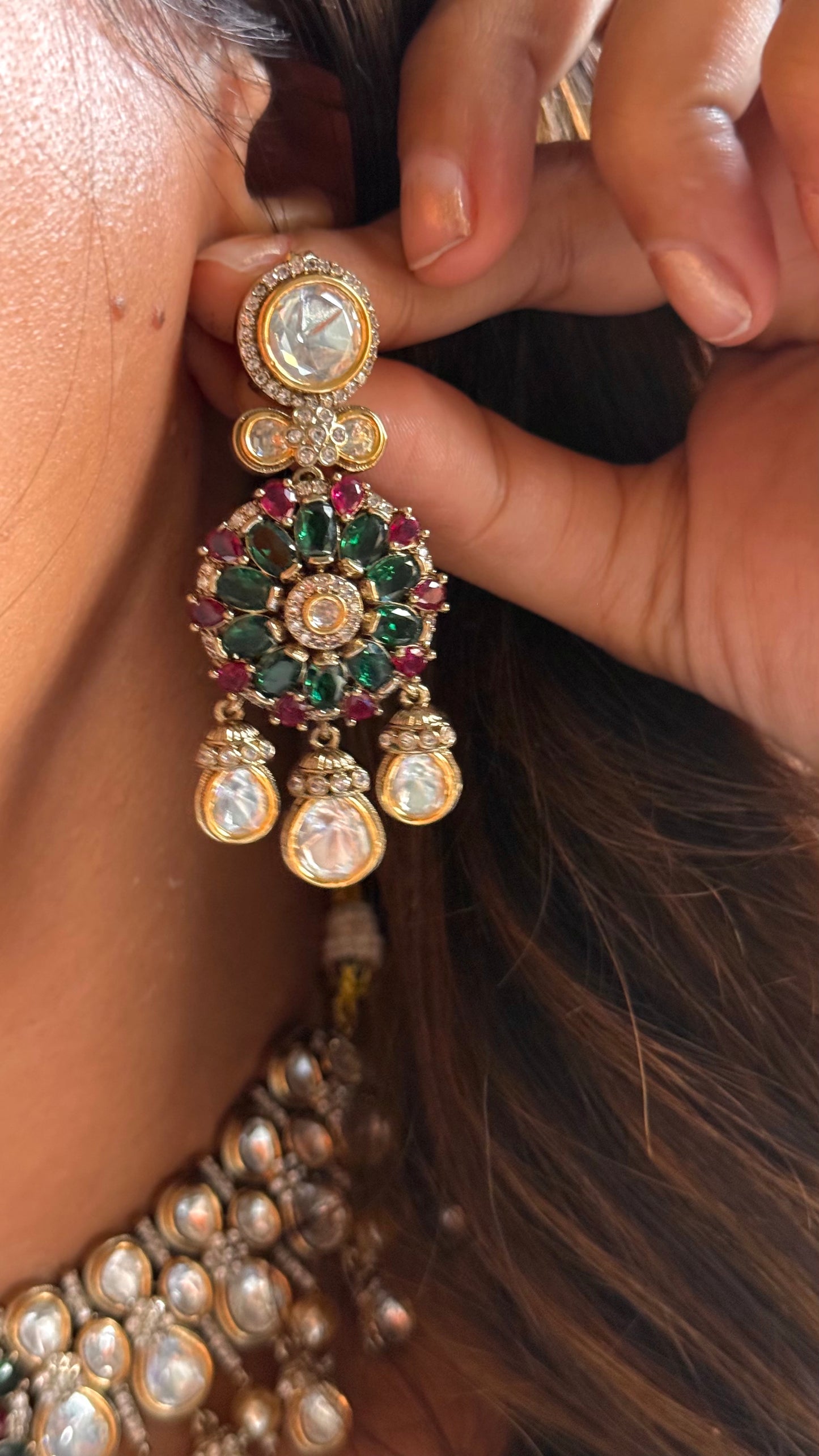 Emerald & rani pink ruby doublet with moissanite polki designer Necklace