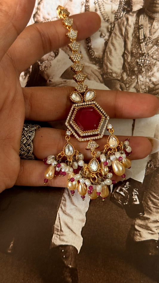 Ruby doublet Hexa Maangtika with rice pearl hanging
