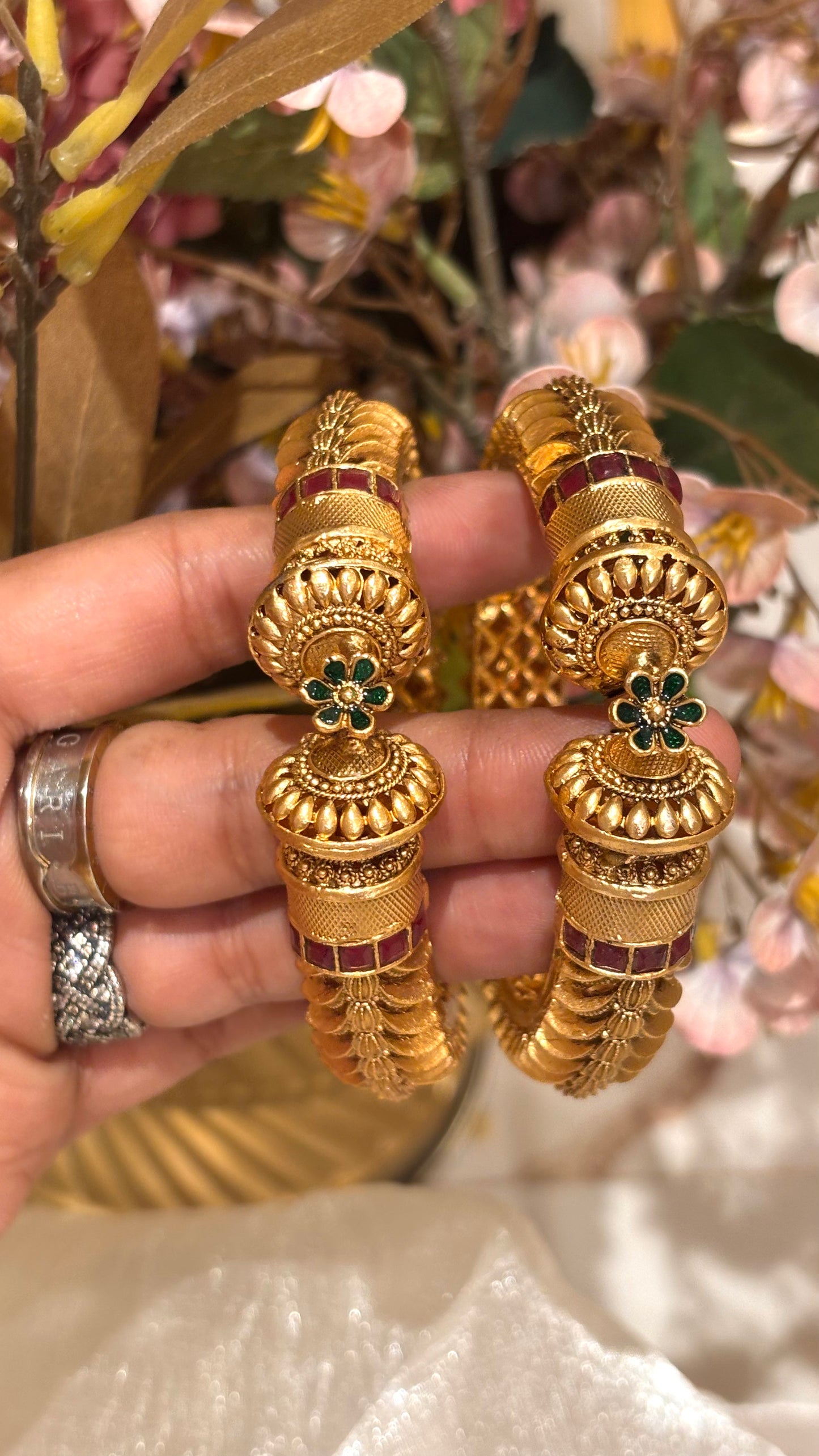 Emerald & ruby heritage bangles (Polish - Gold Matte)