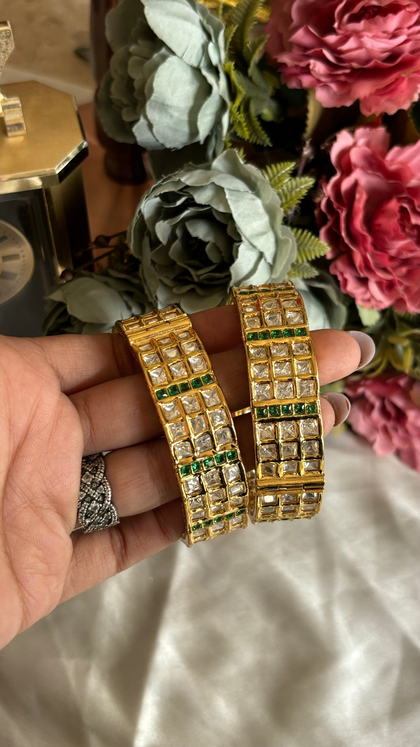 Emerald Moissanite triple line bangles at openable