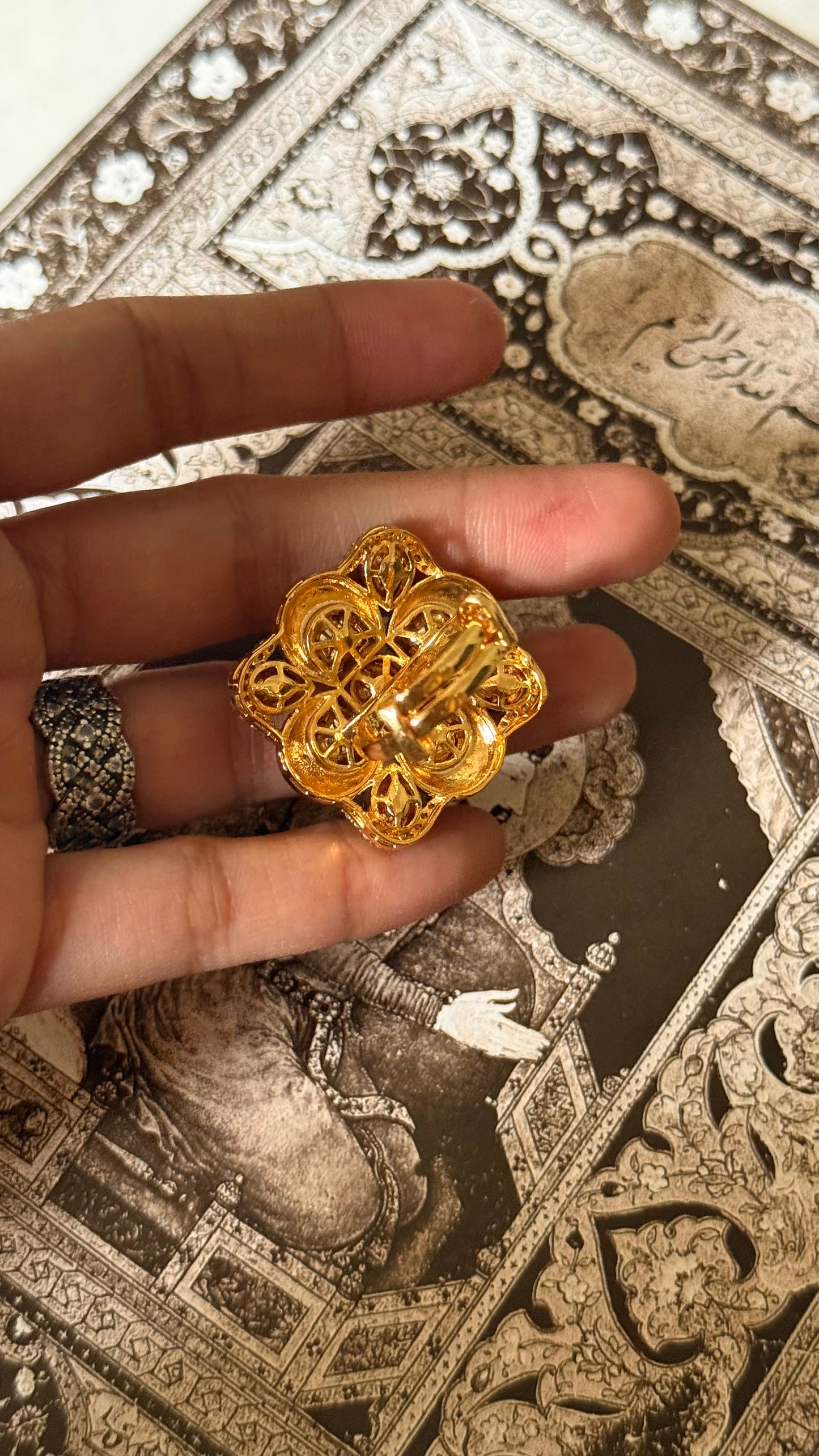 Moissanite polki & emerald meenakari adjustable ring