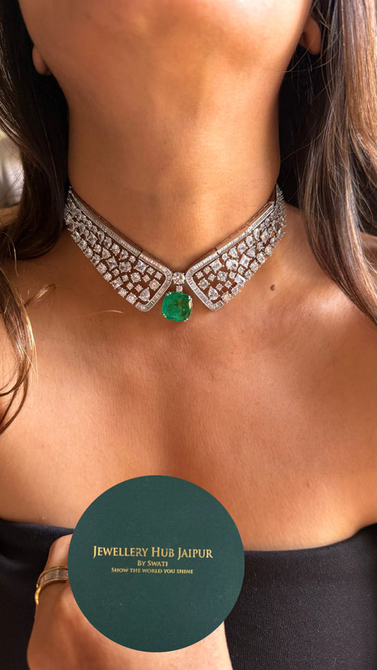 Emerald doublet cz diamond square cut necklace