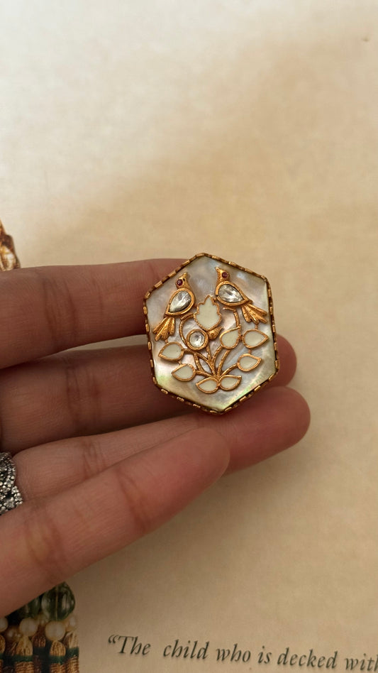 Amrapali inspired mother of pearl with peacock inlay adjustable ring