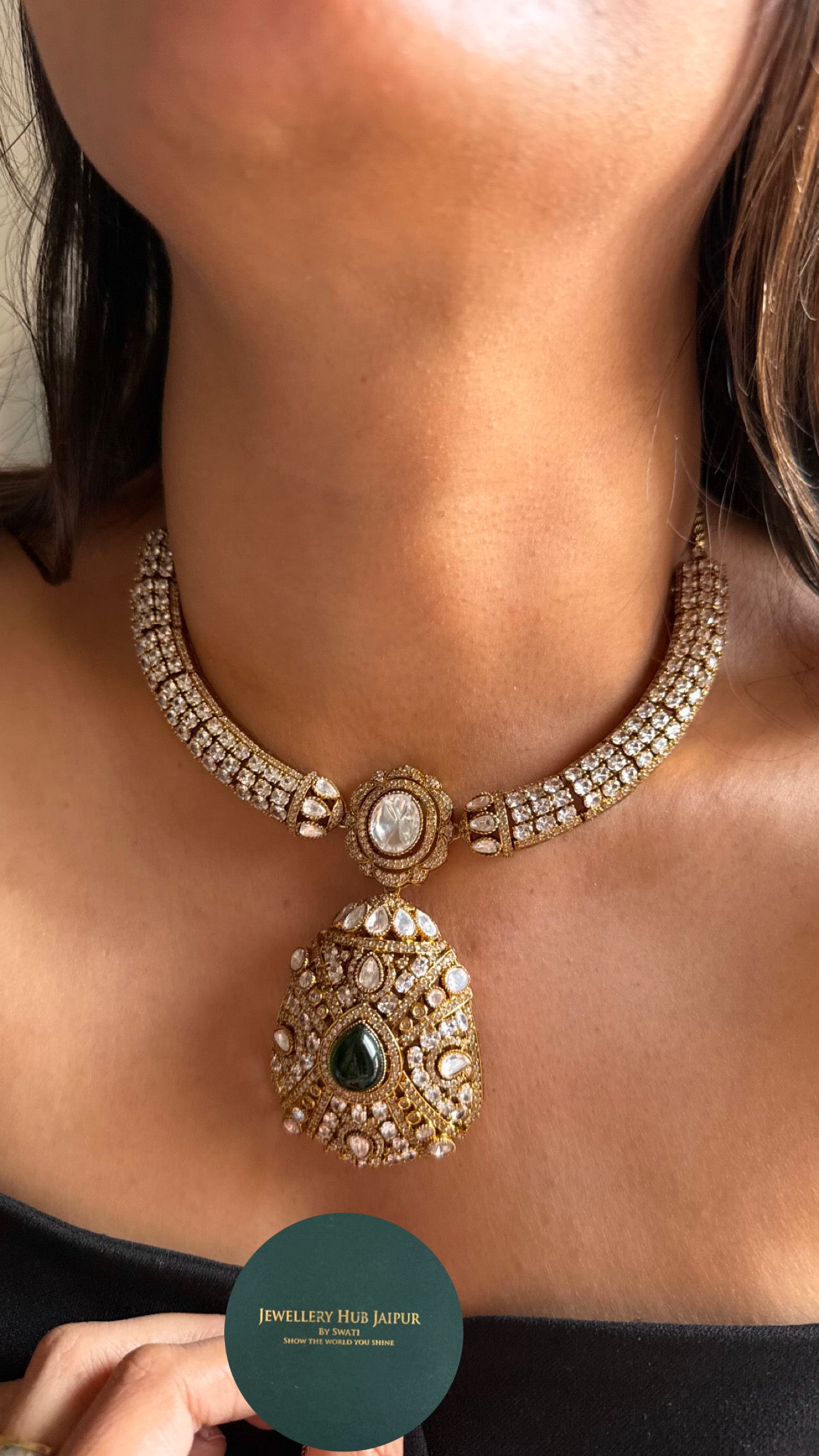 Designer emerald with cz diamond collar Necklace