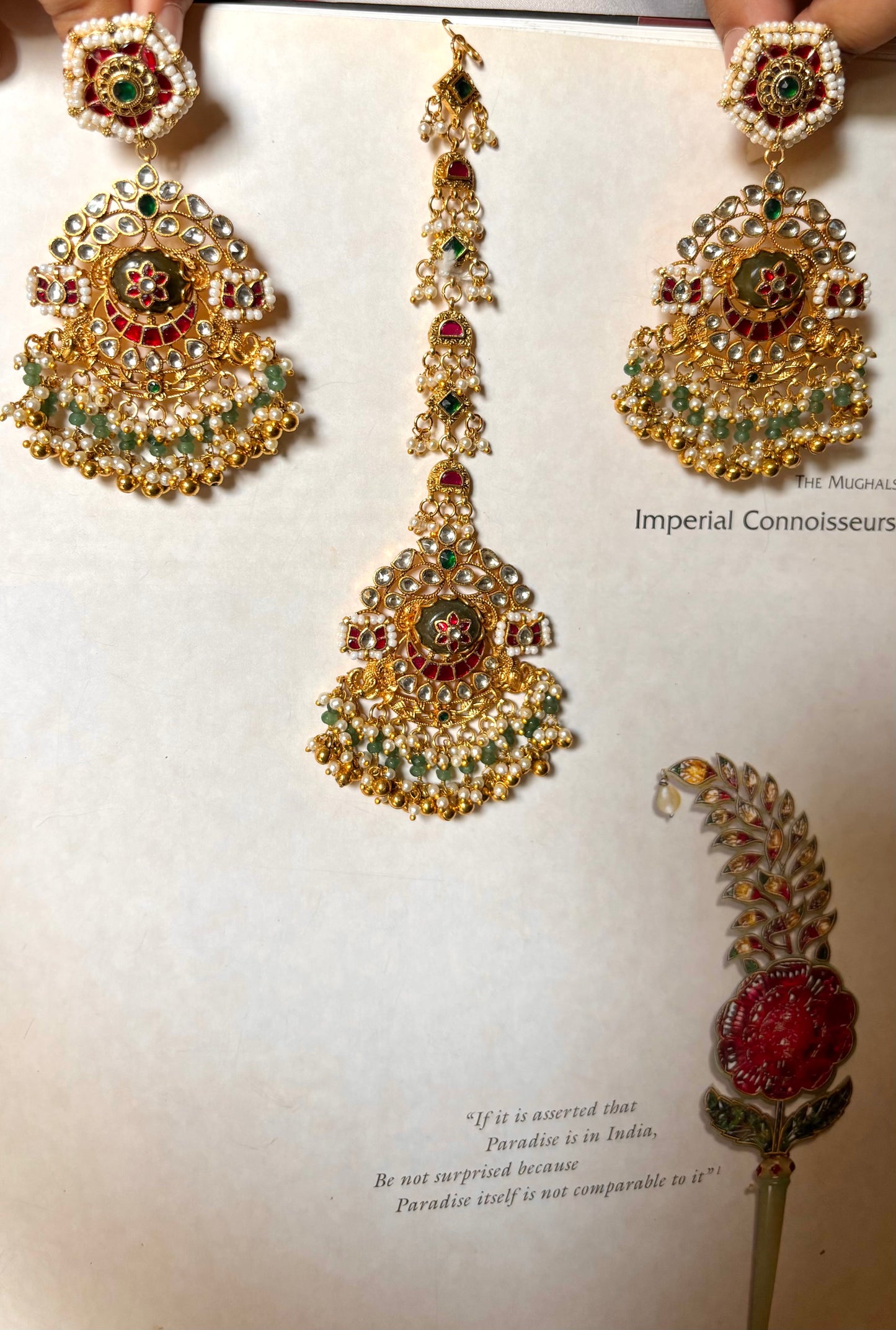 Mint inlay Paachi Kundan Maangtika with earrings combo