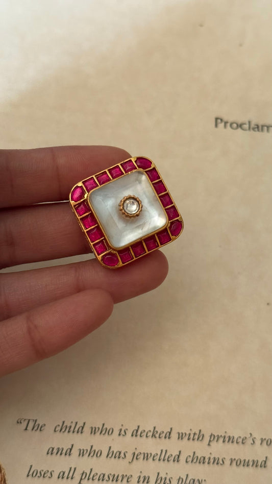 White inlay & rani pink katdana adjustable ring