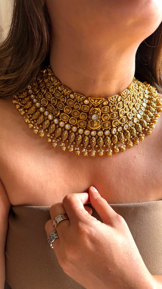 Real nakshi oxidised polki choker set