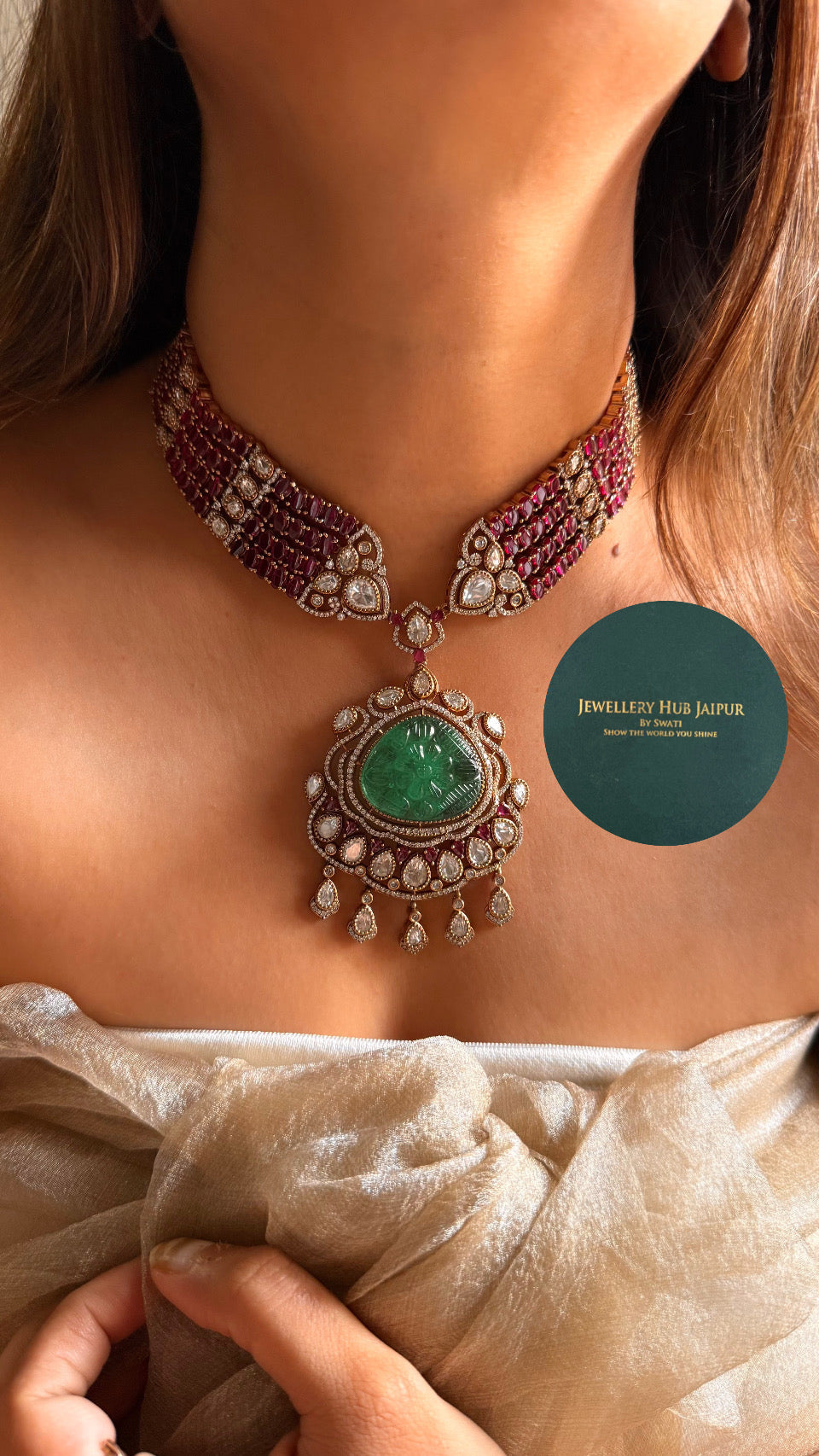 Ruby & panna moissanite designer collar necklace