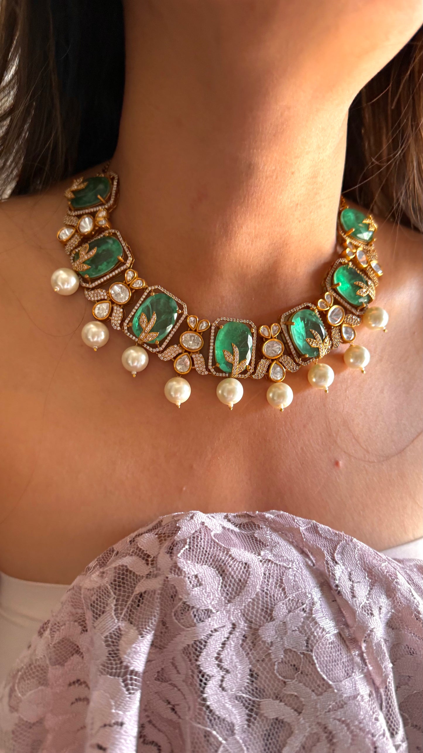 Mint doublet pearl drop designer collar necklace