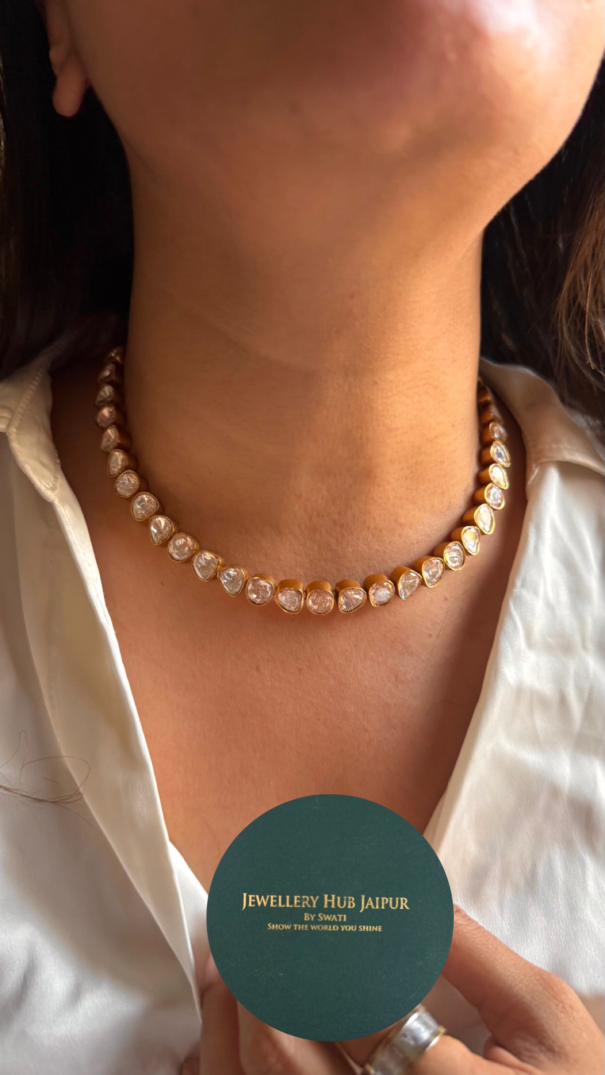 Single line real moissanite peeli polki collar necklace set