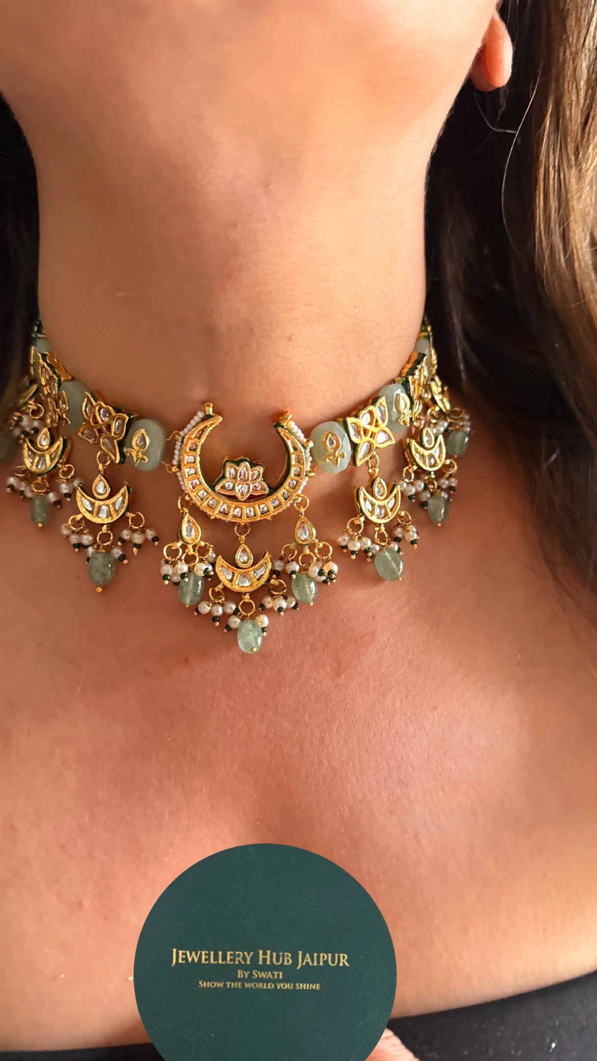 Mint inlay half moon meenakari with mint drops choker Necklace
