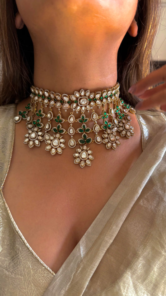 Ratna Emerald moisannite designer necklace with earrings
