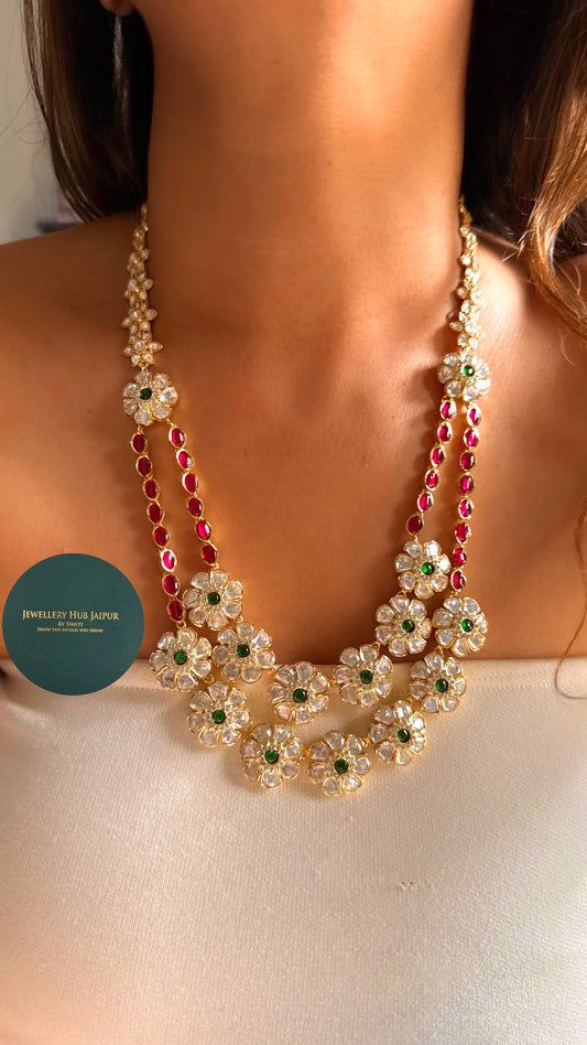Emerald & rani pink dual layer real moissanite floral set