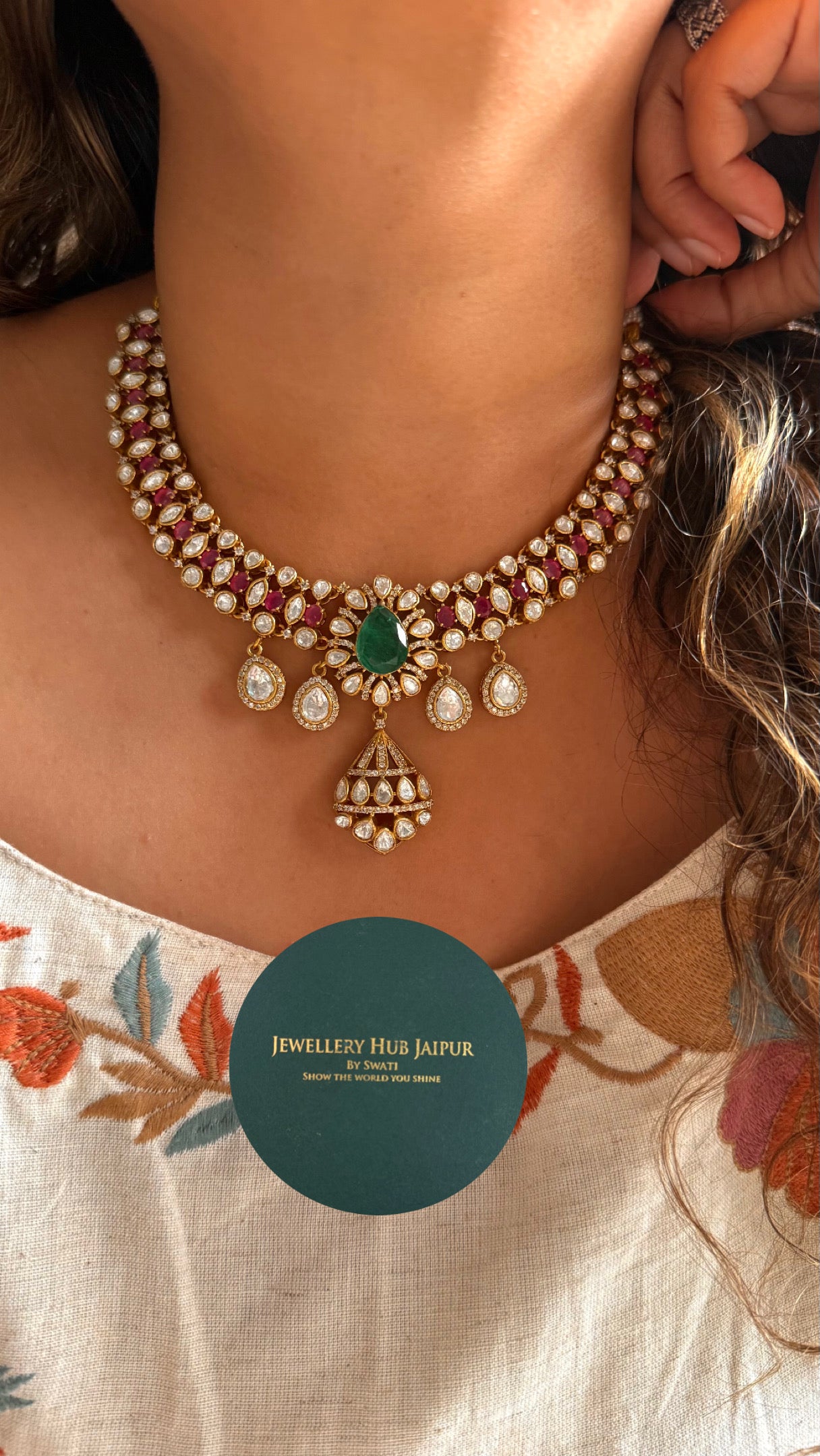 Emerald & rani pink doublets real Moissanite collar necklace