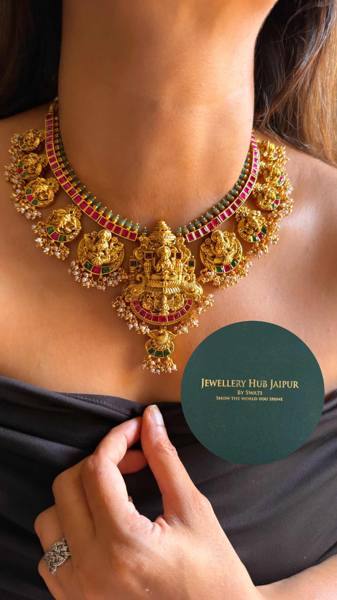 Goddess laxmi & rani pink, emerald with pearl drops temple collar set
