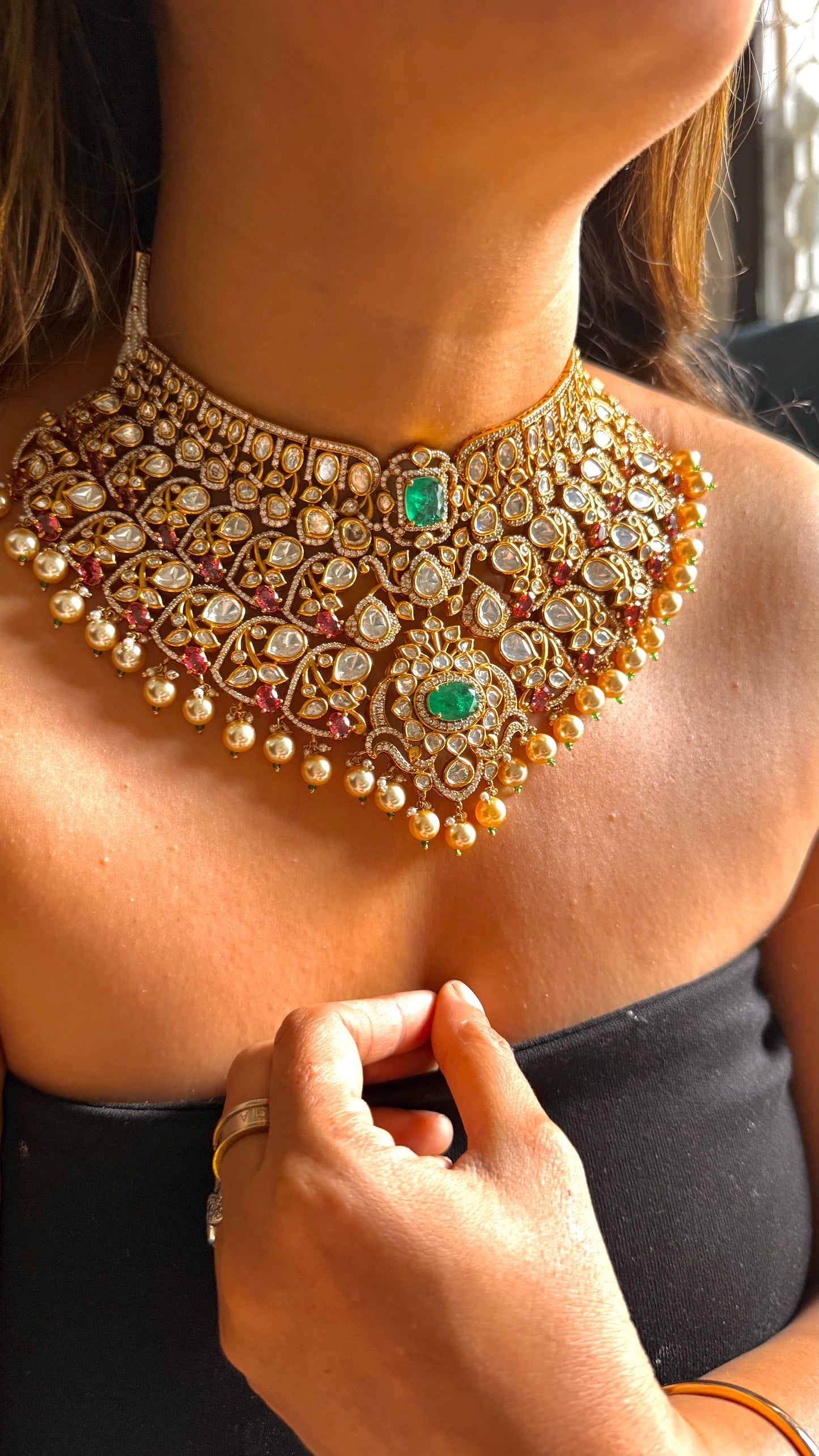 Rose Quartz & Emerald designer Polki Bridal Necklace