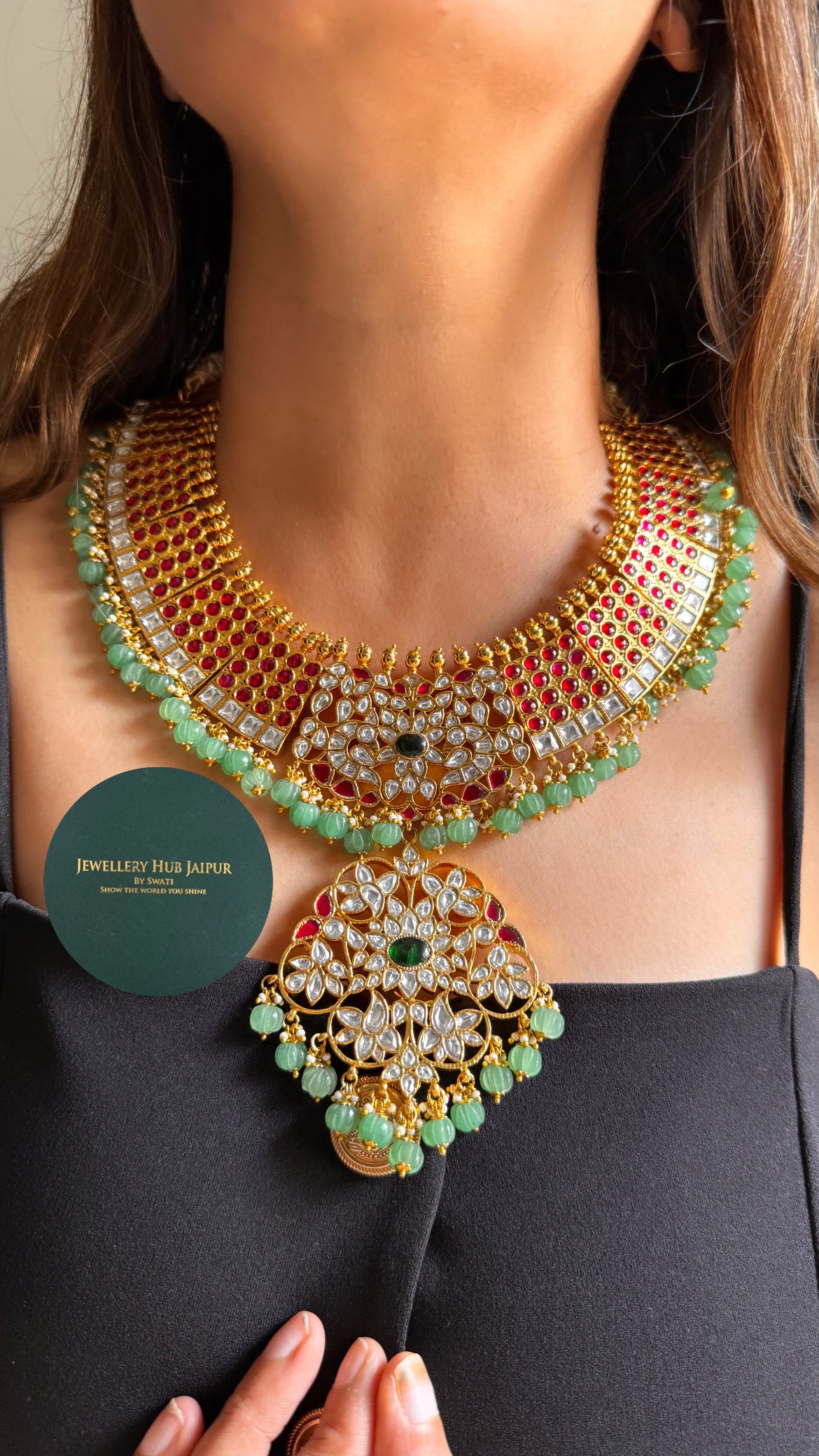 Real kemp Rani pink & emerald rajwada paachi with mint drop collar set