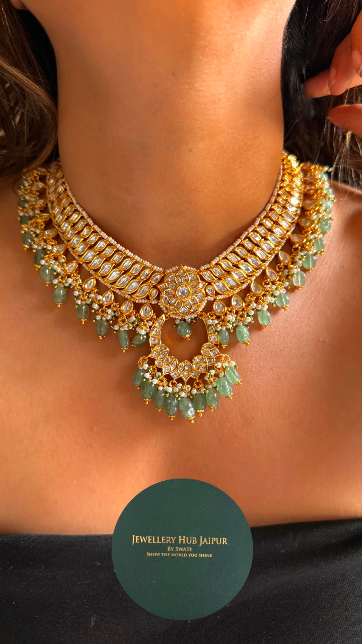 Paachi Kundan floral designer with mint detailing necklace