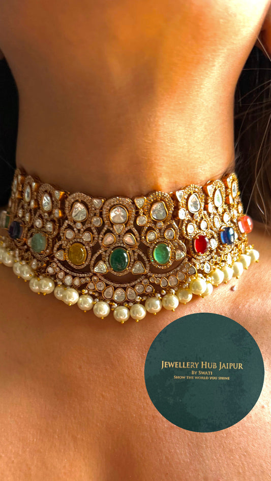 Navratna moissanite with pearl drop choker