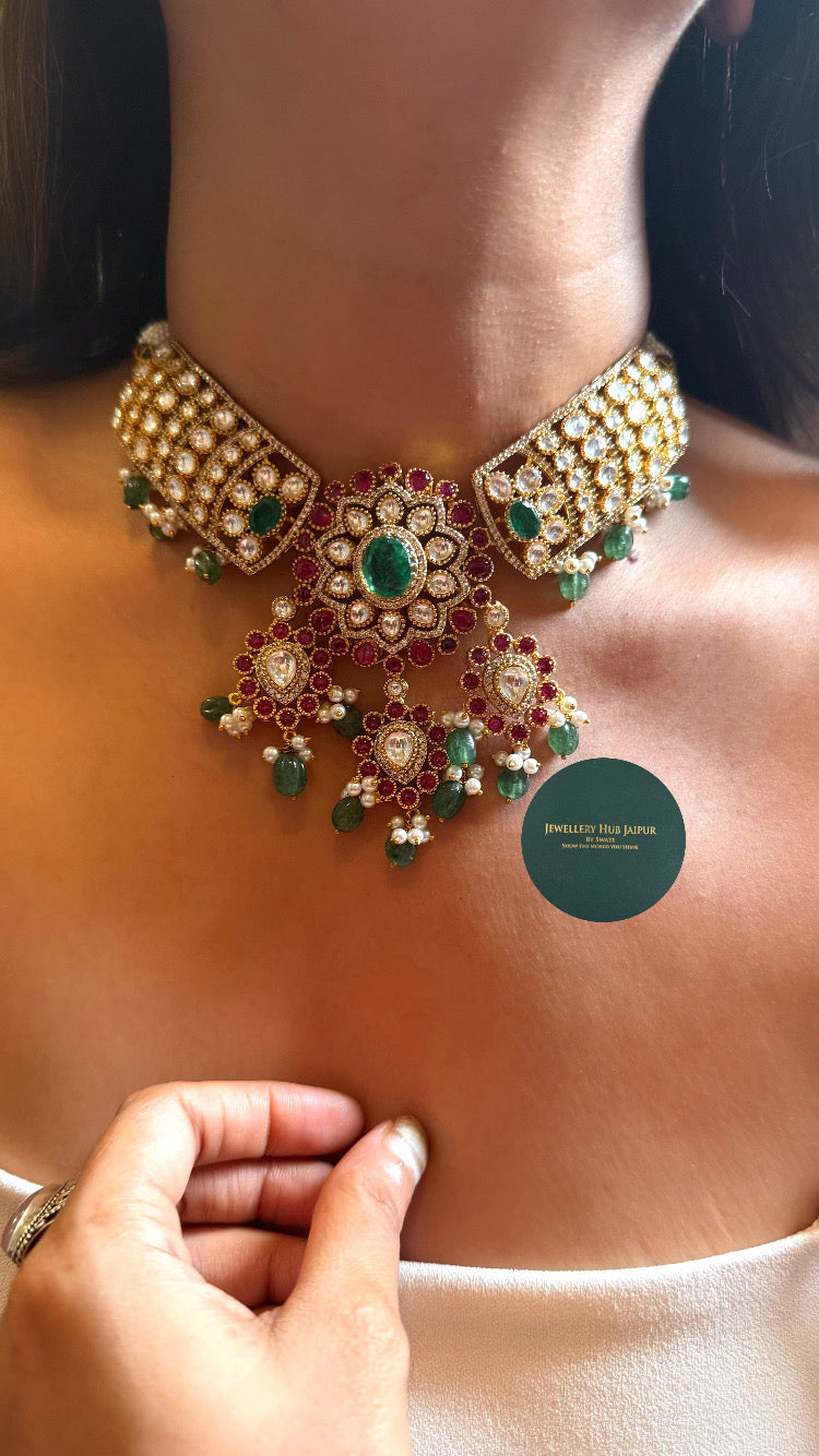 Emerald doublet & Rani pink floral moissanite choker set