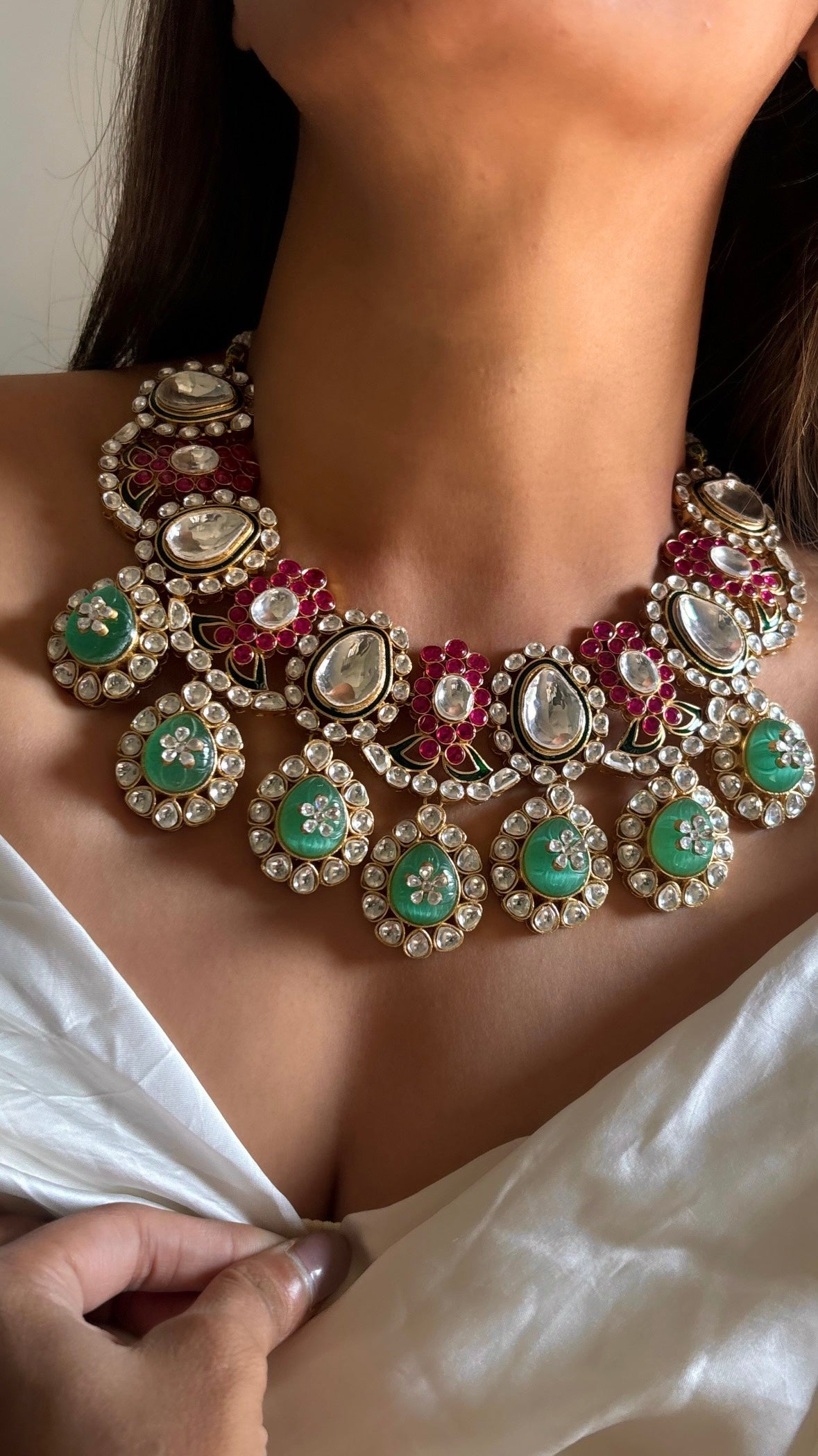 Bridal asia inspired mint & Ruby Chandi polki necklace set