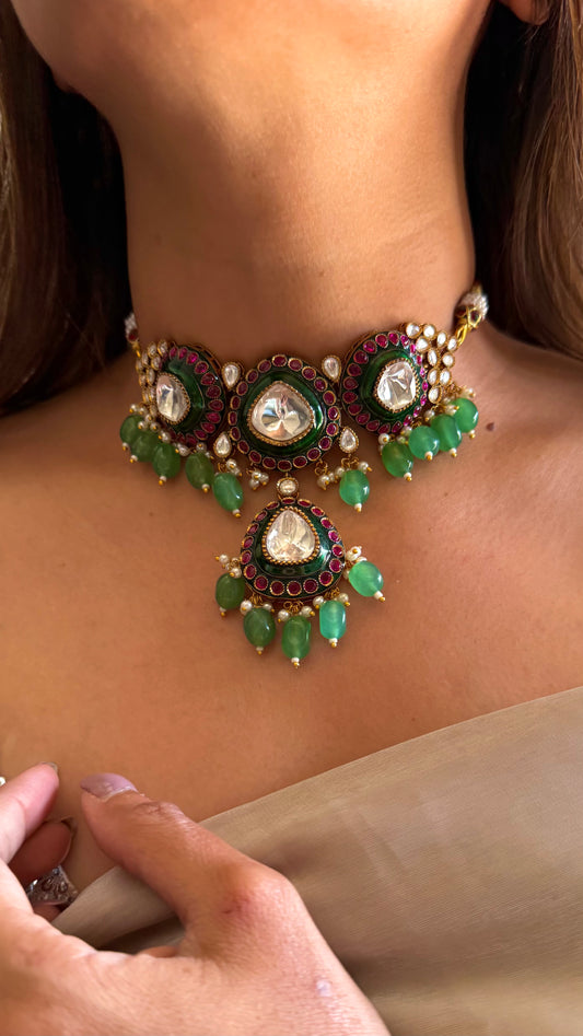 Ruby & Emerald mint polki choker necklace with jhumkas